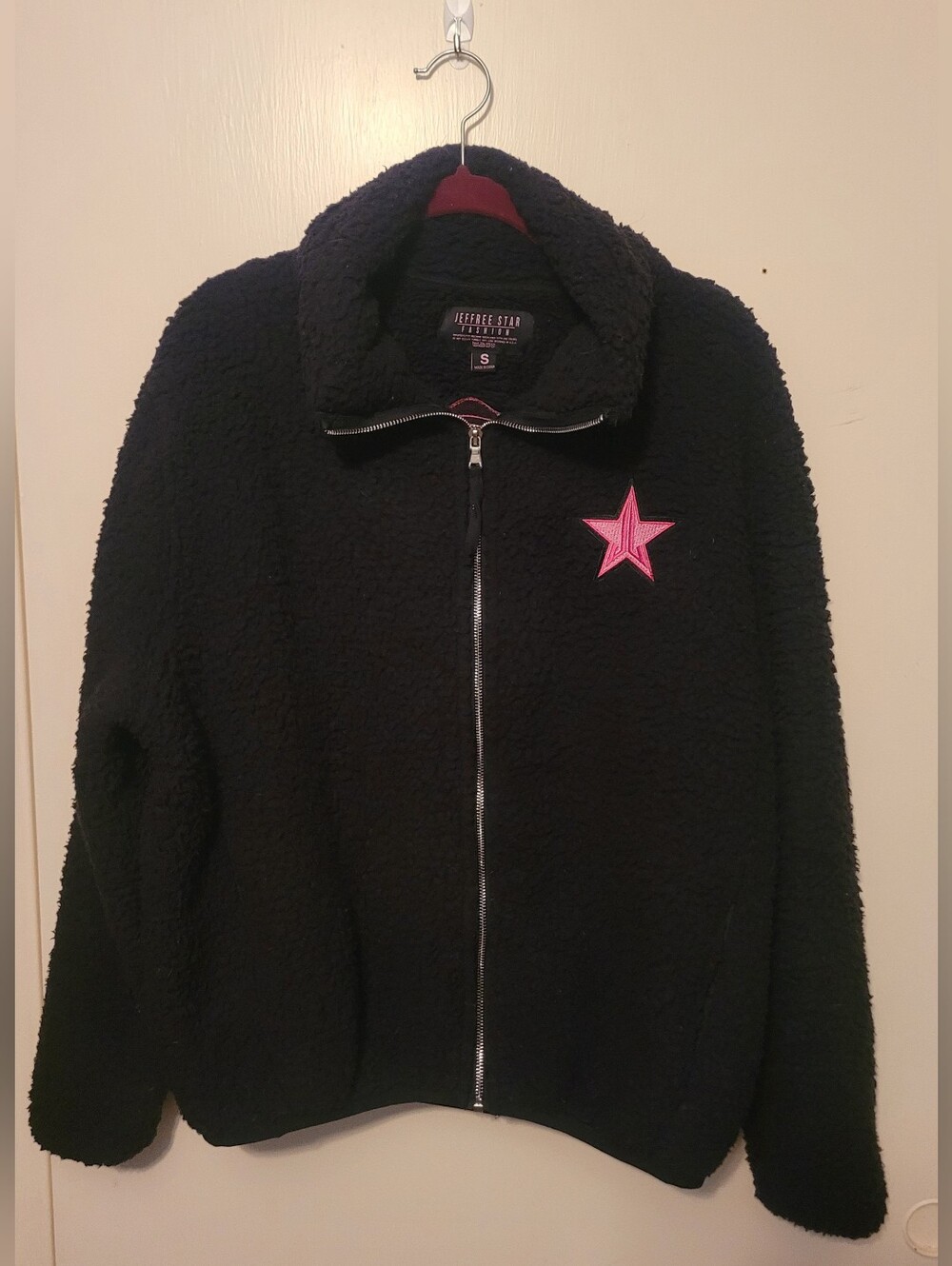 Jeffree Star Black Sherpa Approved Jacket with Pink Star Patch Size Small